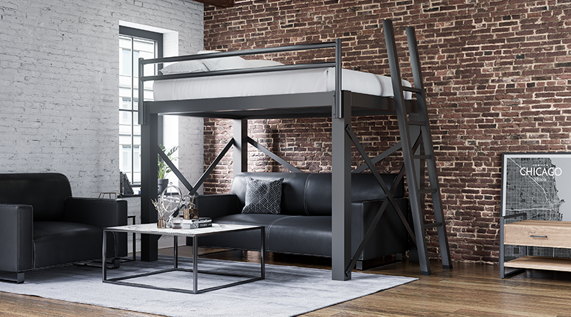 Charcoal Adult Loft Bed in a luxury urban loft apartment with exposed brick walls and a black leather couch benheath the bed frame seen from the right-hand side of the bed at a slight angle toward the foot of the bed.