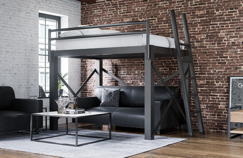 Charcoal Adult Loft Bed in a luxury urban loft apartment with exposed brick walls and a black leather couch benheath the bed frame seen from the right-hand side of the bed at a slight angle toward the foot of the bed.