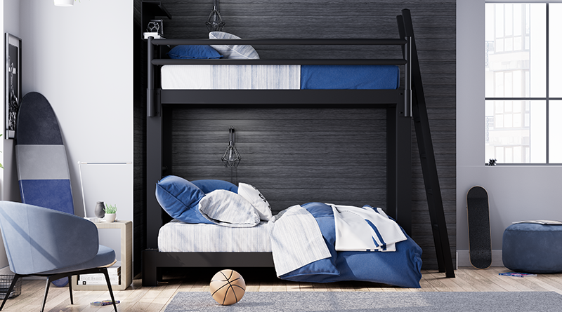 Black mixed size Adult Bunk Bed with a larger bottom bunk in an upscale urban bedroom for two teenage boys. Seen directly from the right-hand side of the bed.
