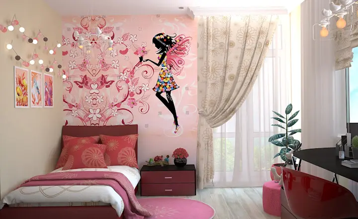 A colorful, fairy-themed bedroom with a bed featuring pink floral bedding and cushions. The room has a fairy wall decal, decorative string lights, a small plant, large windows with curtains, and a desk with a red chair.