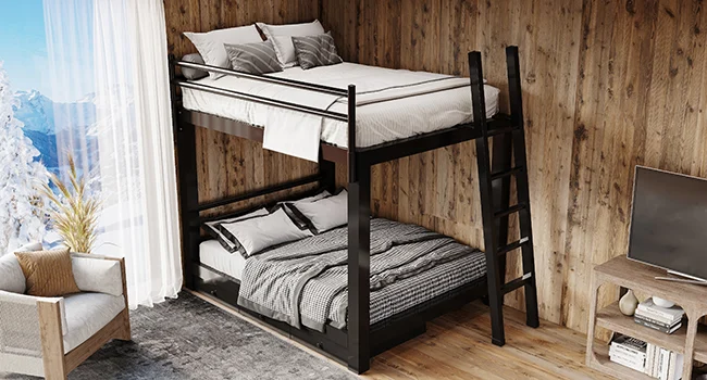 Black Queen Over Queen Metal Adult Bunk Bed in a classy mountain home second bedroom. Seen from a high angle at the lower right-hand corner of the bed.