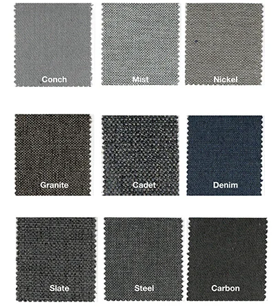 An array of different fabric options laid out in squares in three rows of three. These are mainly gray and blue fabrics.