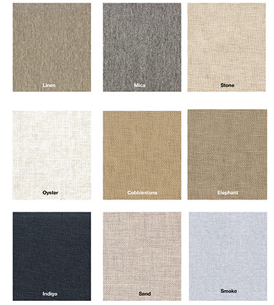An array of different fabric options laid out in squares in three rows of three. These are mainly tan fabrics.