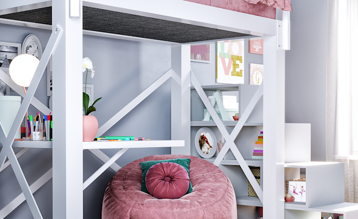 White Twin Loft Bed for adults in a light, open room with an attached desk and a pink bean bag chair under the loft bed, seen at an angle close up on the space underneath the bed frame.
