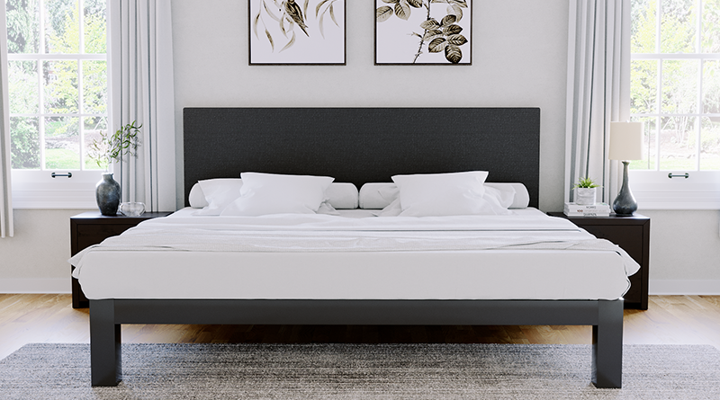 Charcoal Alberta King size metal Platform Bed with a charcoal headboard in a neutral upscale master bedroom. Seen directly from the foot of the bed.