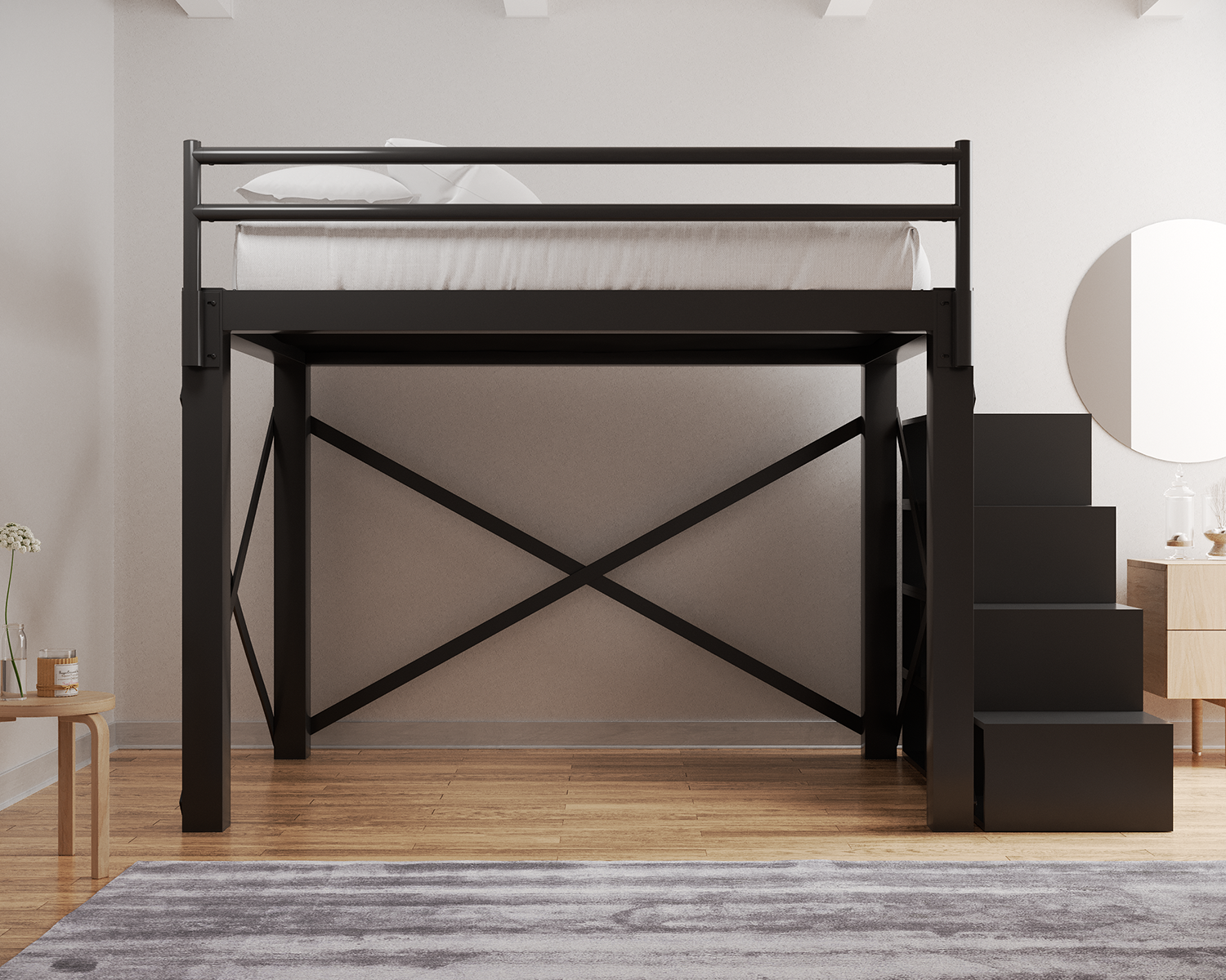 Queen Loft Bed Charcoal Staircase