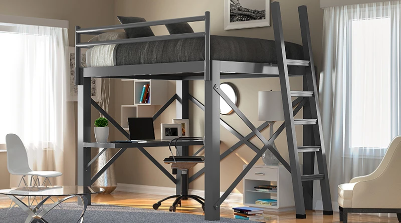 A charcoal Queen Adult Loft Bed used as the main centerpiece of a modern home office room.