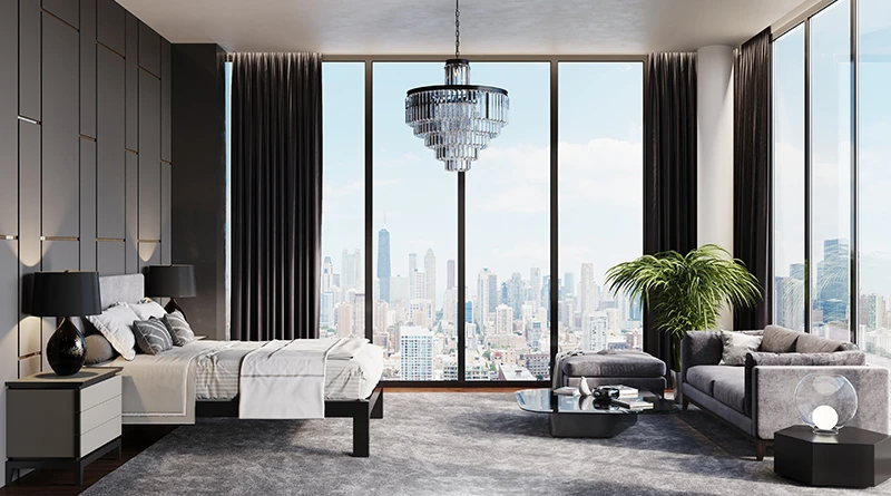 A black queen size metal Platform Bed with a light cream headboard in a beautiful high rise apartment bedroom with huge windows seen directly from the right-hand side of the bed at a slight distance.