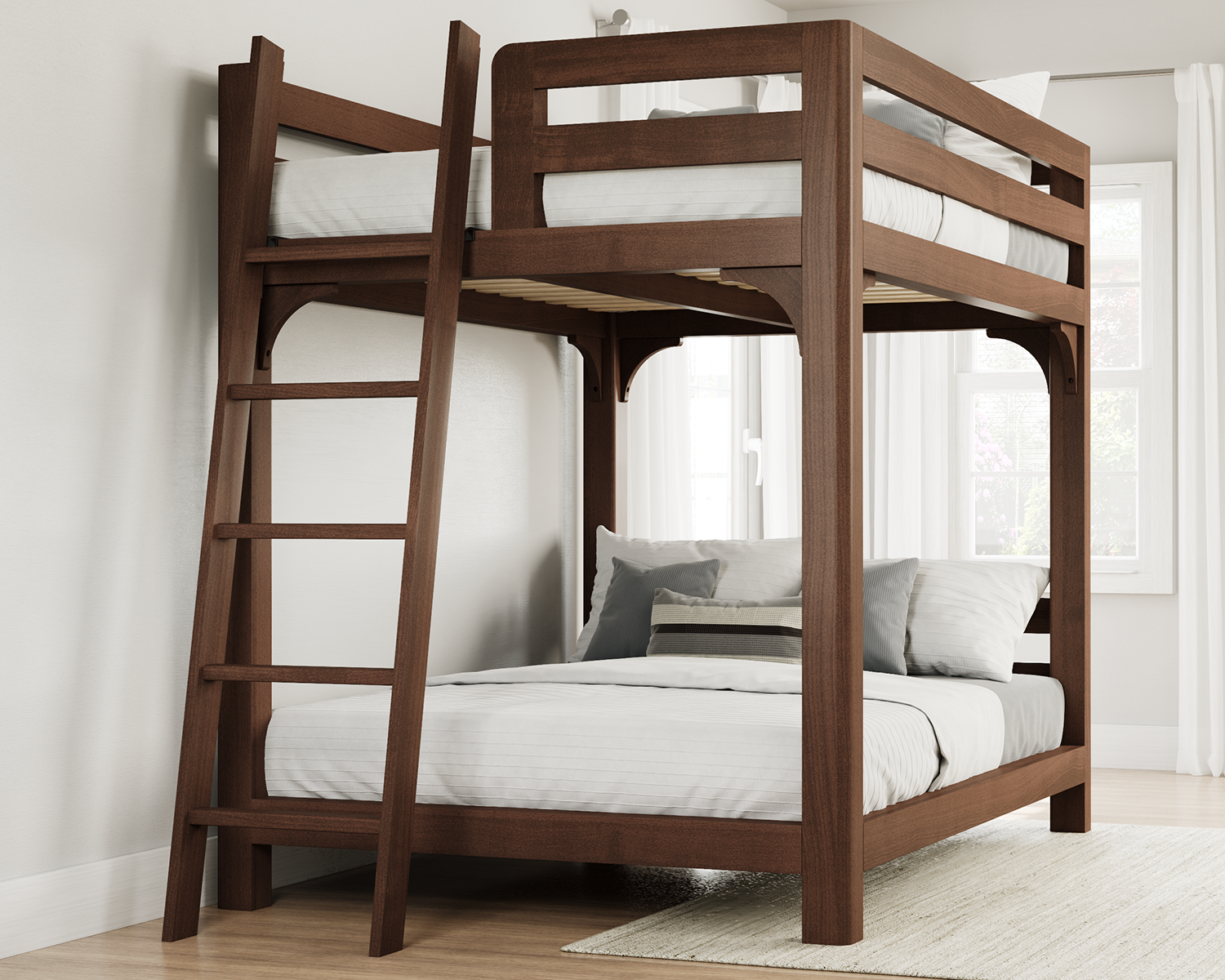 Queen Wood Bunk Bed Walnut Ladder