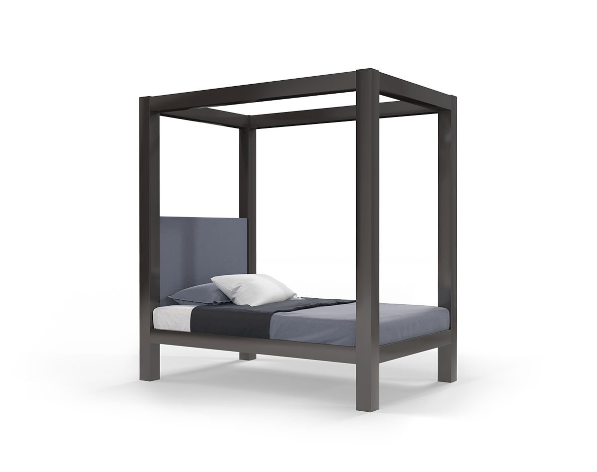 A charcoal full size metal canopy bed