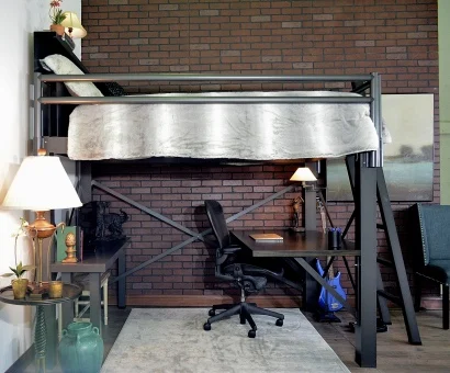 A charcoal Adult Loft Bed in an urban apartment seen from the side