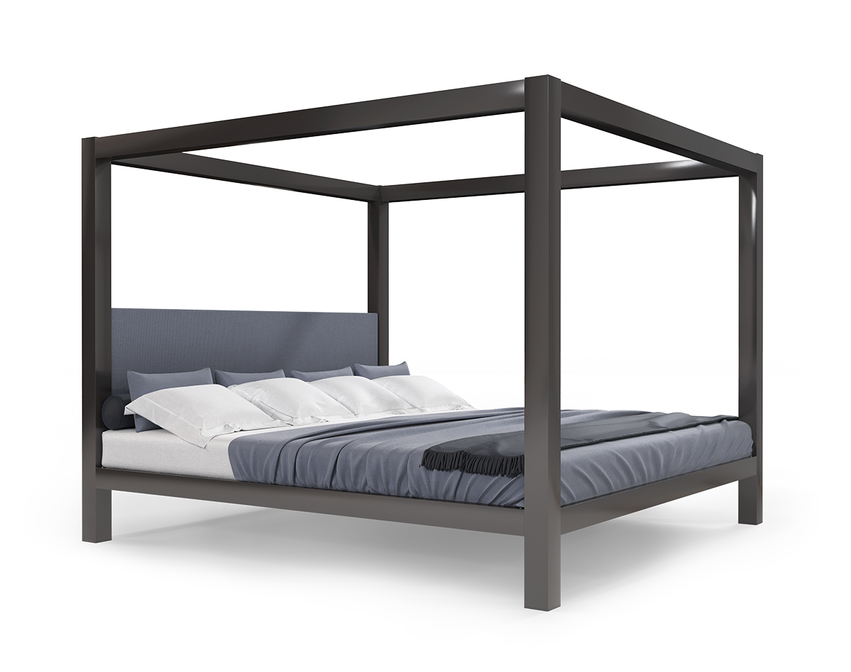 A charcoal Alaskan king size metal canopy bed