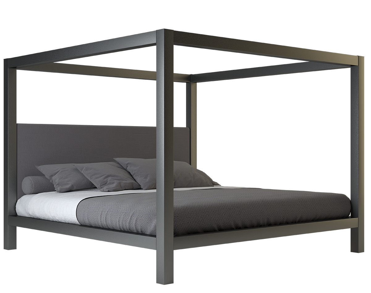 A charcoal Alaskan king size metal canopy bed