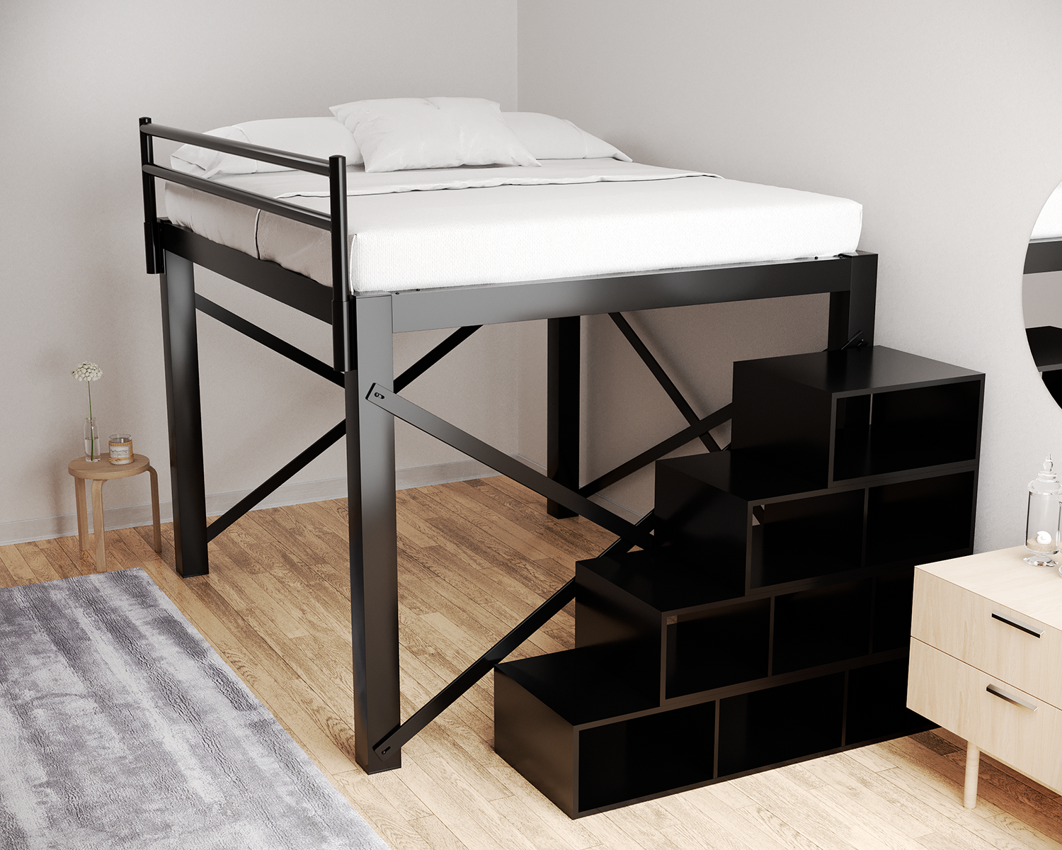 King Loft Bed Black Staircase