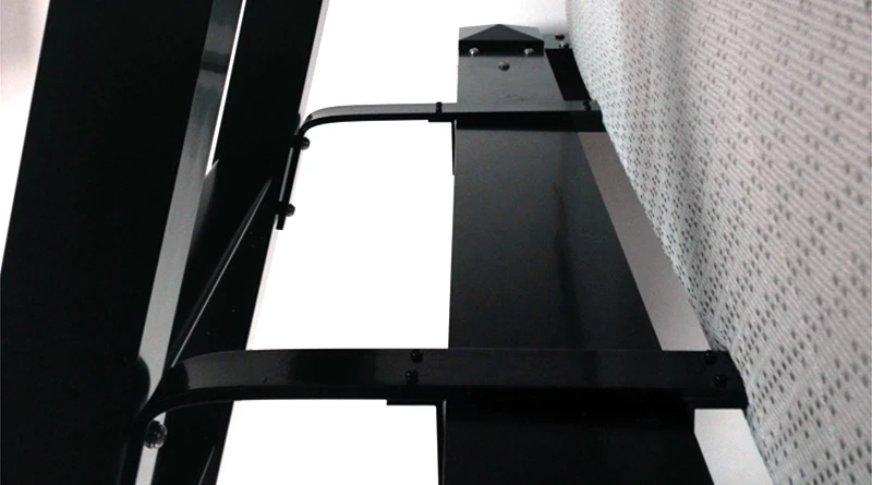 A super close up of a ladder attached to the top bunk of a black Adult Bunk Bed