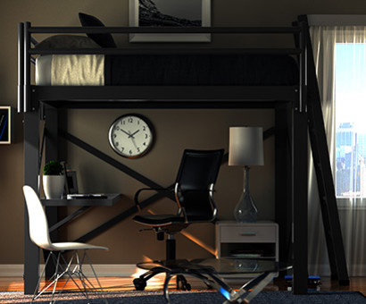 A Charcoal Queen Adult Loft Bed with an attached desk and full home office setup beneath the bed frame seen directly from the left hand side.
