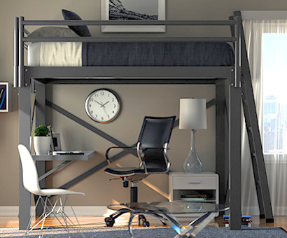 A Charcoal Queen Adult Loft Bed with an attached desk and full home office setup beneath the bed frame seen directly from the left hand side.