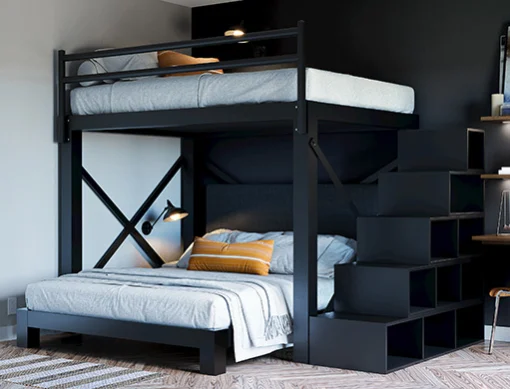 A black Full Over Queen L-Shaped Bunk Bed for adults with a matching staircase in a high end guest room. Seen from the lower left-hand corner of the bottom bunk and lower right-hand corner of the top bunk. 