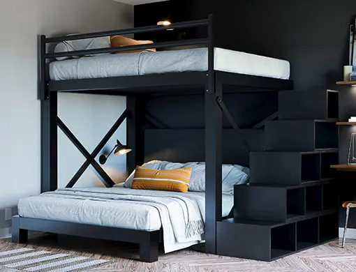 A black Full Over Queen L-Shaped Bunk Bed for adults with a matching staircase in a high end guest room. Seen from the lower left-hand corner of the bottom bunk and lower right-hand corner of the top bunk.