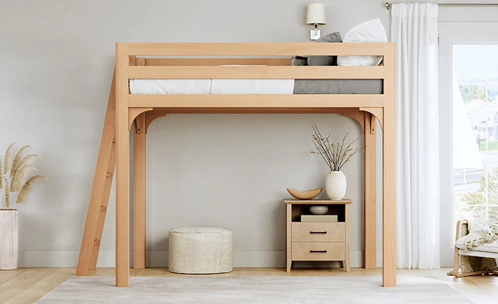 Light colored queen size Wood Loft Bed for Adults in a nice, classy looking bedroom seen from the left-hand side of the bed at a slight distance. There is a round upholstered seat and small nightstand under the bed frame.