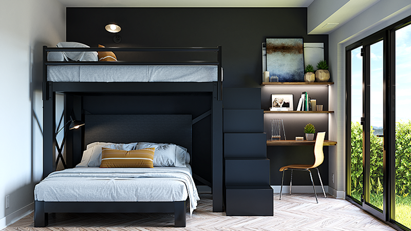 Black L-Shaped Bunk Bed for Adults in a high end guest bedroom at a luxury vacation rental seen directly from teh foot of hte bottom bunk at a slight distance.