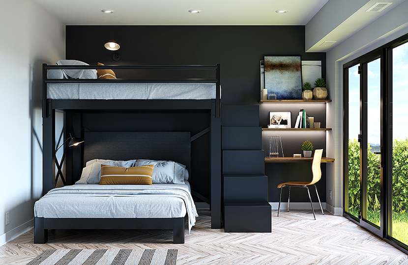Black L-Shaped Bunk Bed for Adults in a high end guest bedroom at a luxury vacation rental seen directly from teh foot of hte bottom bunk at a slight distance.