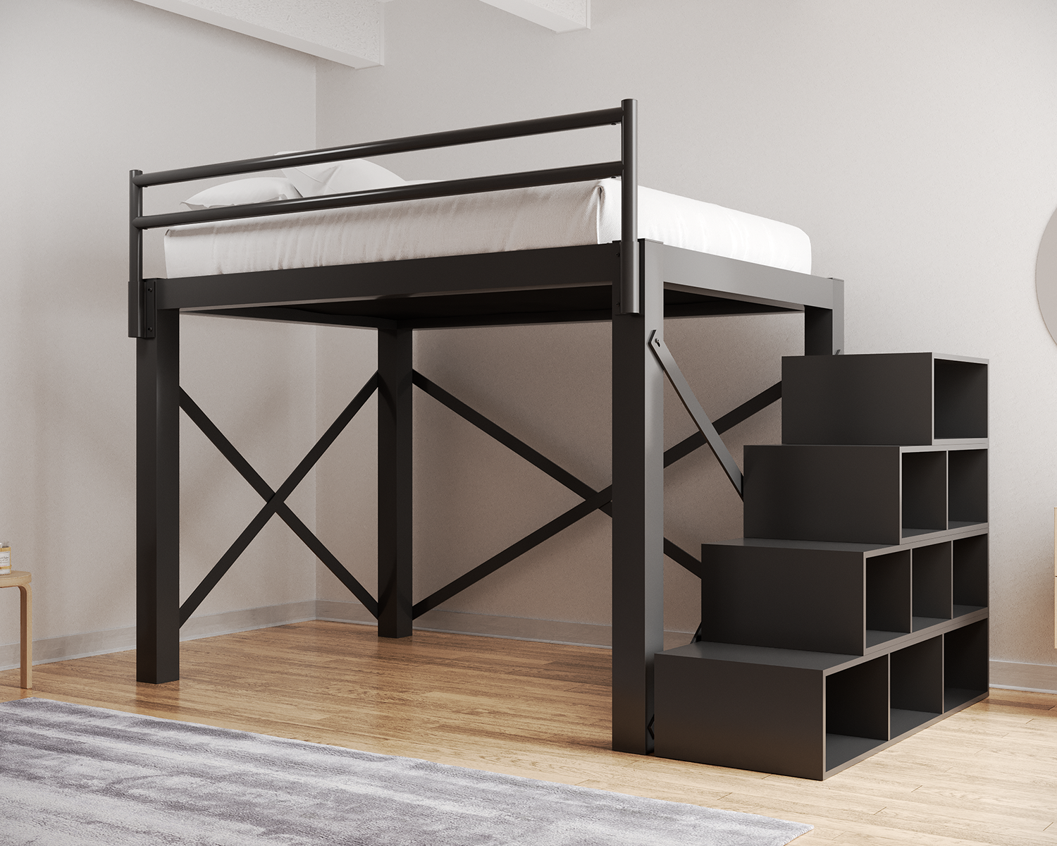 Queen Loft Bed Charcoal Staircase