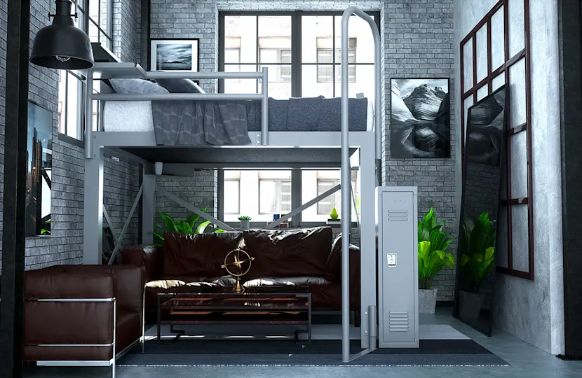 A modern industrial loft interior with a gray brick wall. It features a lofted bed above a dark brown leather sofa, a metal locker, windows with natural light, and potted plants for greenery.