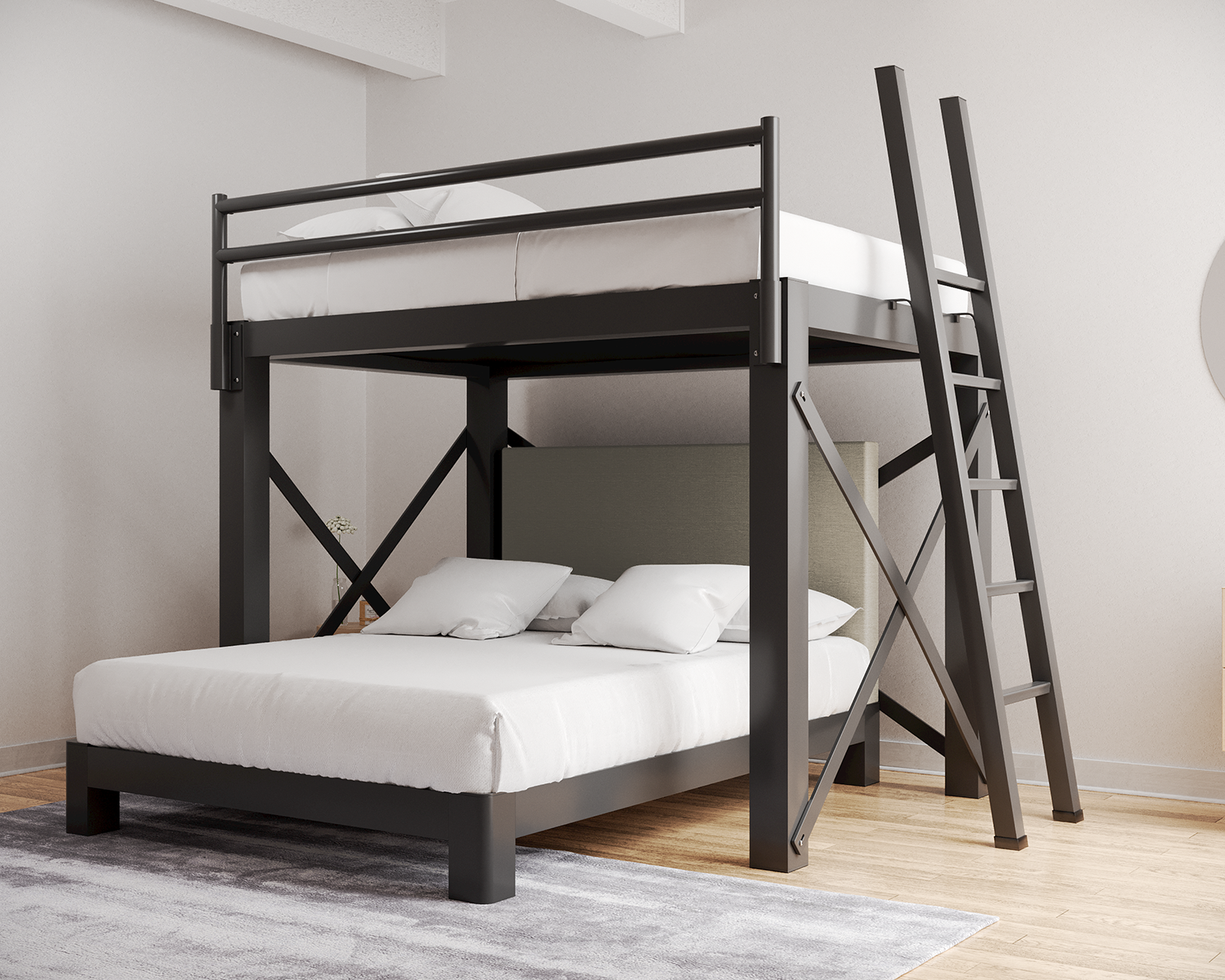 Full Over Queen L Shaped Bunk Bed Charcoal Ladder Light Gray