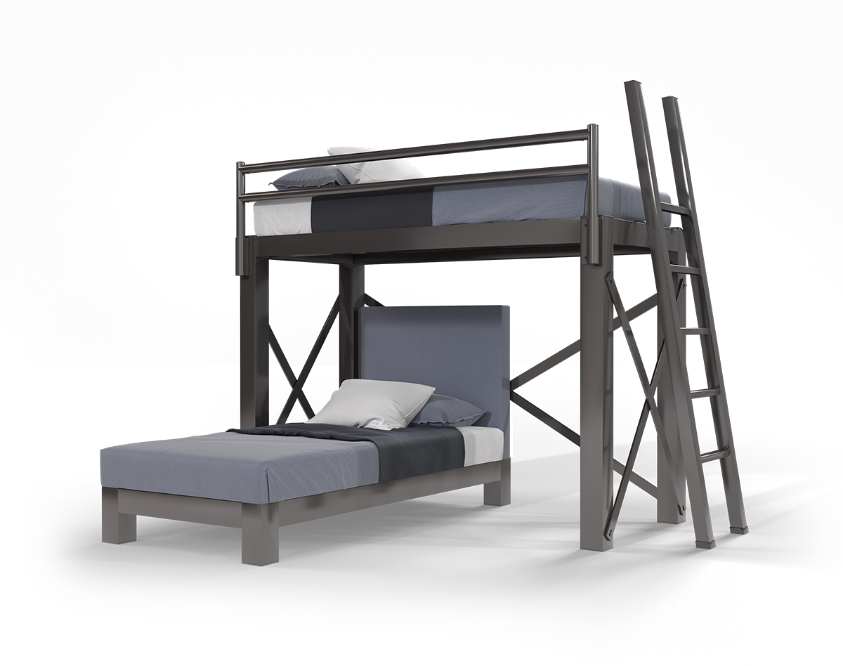 A charcoal Twin XL Over Twin XL L-Shaped Bunk Bed for adults