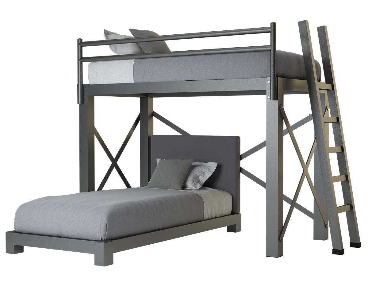 A charcoal Twin XL Over Twin XL L-Shaped Bunk Bed for adults