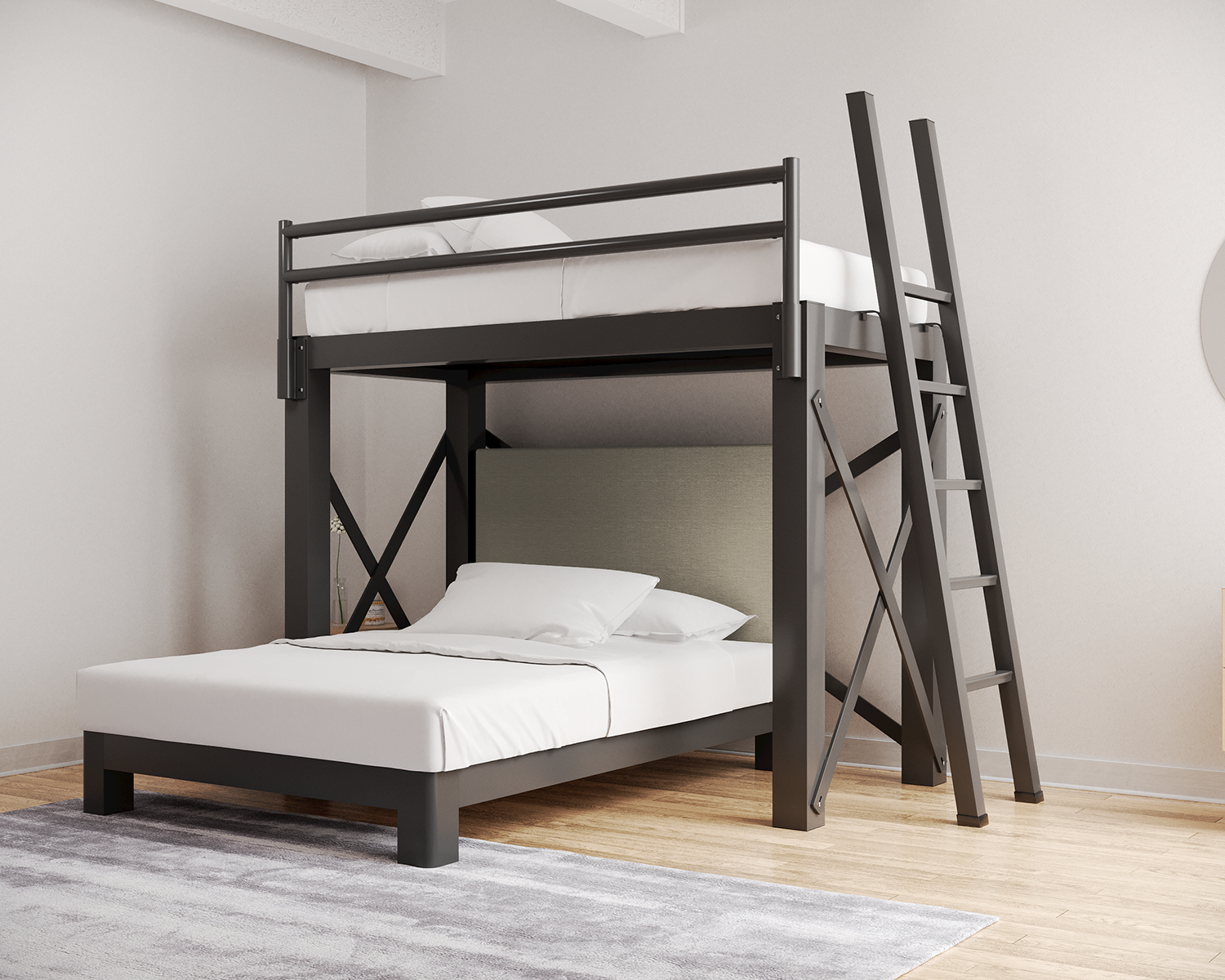 Twin Over Full L Shaped Bunk Bed Charcoal Ladder Light Gray