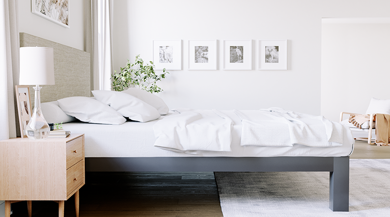 Charcoal Alberta King size metal Platform Bed with an oatmeal headboard in an upscale neutral master bedroom seen directly from the right-hand side.