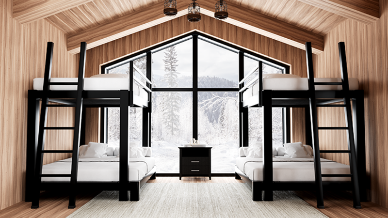 Two black Full XL Over Queen Bunk Beds for Adults in a bright, open upscale cabin bedroom in the wintertime side-by-side next to each other camera facing foot of beds at a distance.