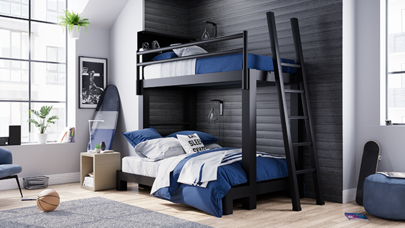 Black Adult Bunk Bed in an urban condo bedroom for teenage boys with white and dark blue bedding and a bookshelf headboard on the top bunk seen from the lower right-hand corner of the bed frame.