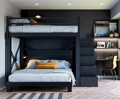 A black Full Over Queen L-Shaped Bunk Bed for adults with a matching staircase in a high end guest room. Seen directly from the foot of the bottom bunk and side of the top bunk.