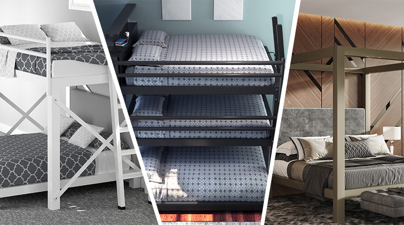 A collage of three images of our heavy-duty bed frames together to show off some of our decorative finish options. From left-to-right, it features a white Full Over Queen L-Shaped Bunk Bed, a charcoal Queen Over Queen Over King Adult Triple Bunk Bed, and a light bronze California King Canopy Bed.