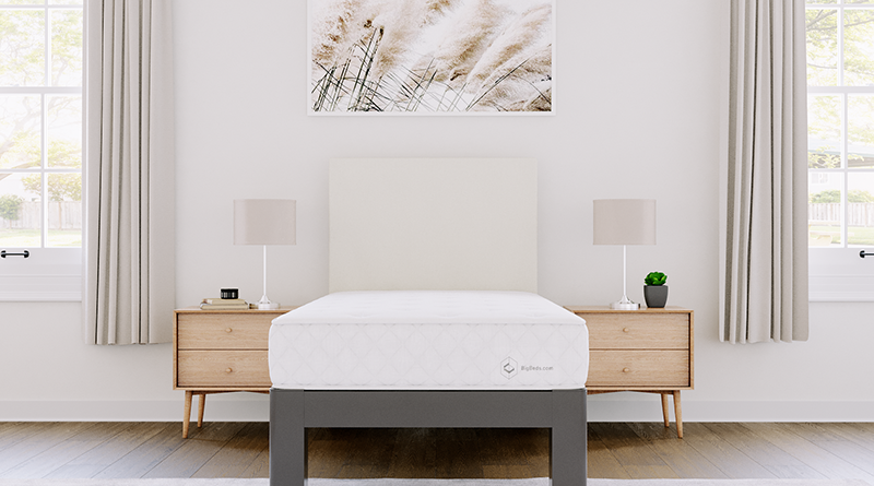 Extra long Twin size version of the BigBeds.com Luxe Slumber Hybrid mattress on a charcoal Twin XL Platform Bed with an Ivory headboard seen directly from the foot of the bed.