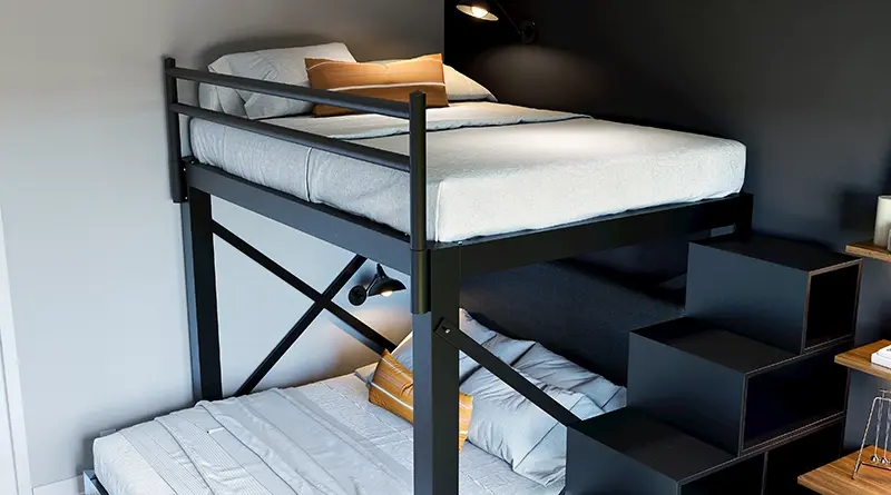 A black Full Over Queen size L-Shaped Bunk Bed for adults with a matching wooden staircase. Seen in a nice, upscale guest bedroom at a close angle from the lower right-hand corner of the top bunk.