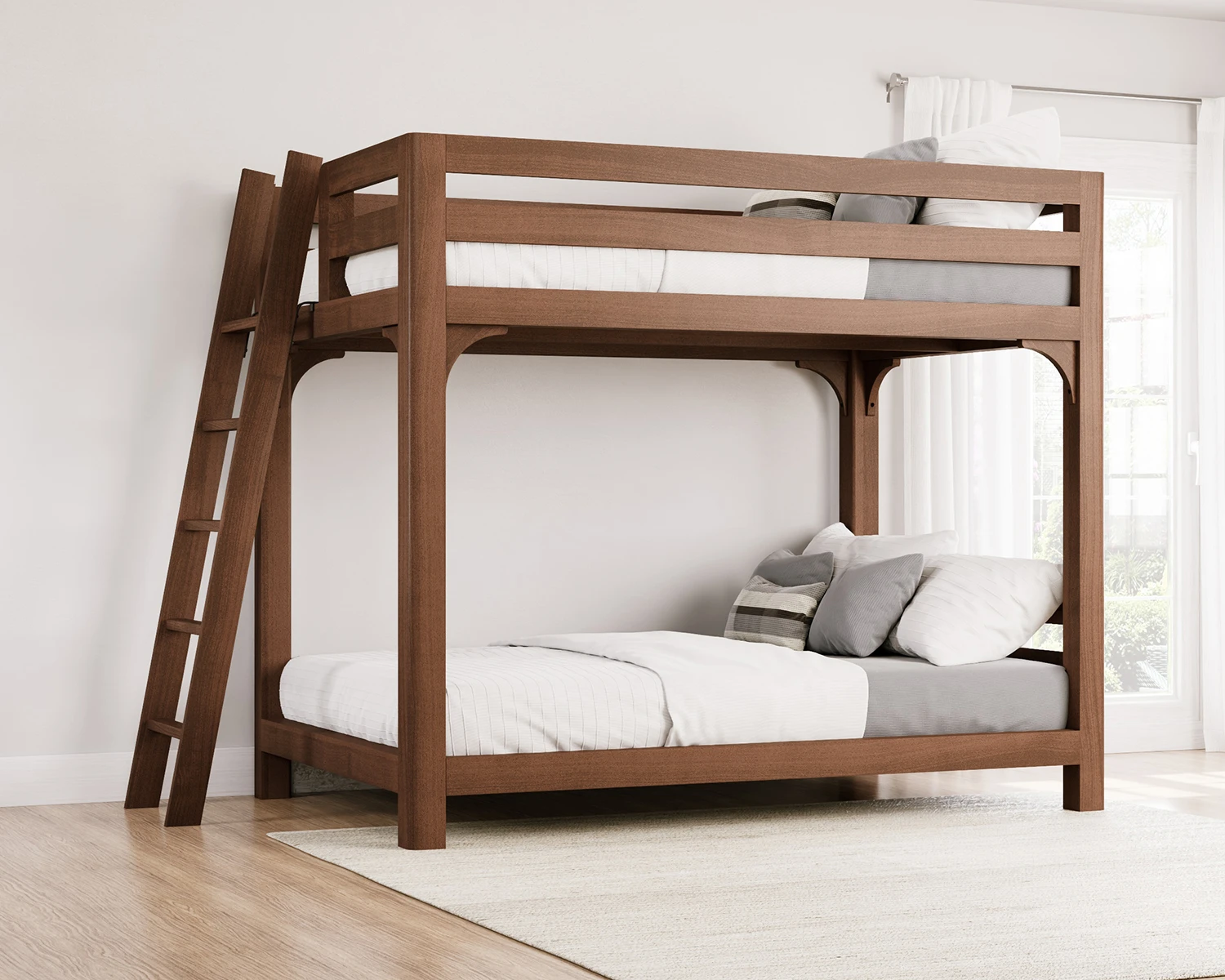 Queen Wood Bunk Bed Walnut Ladder