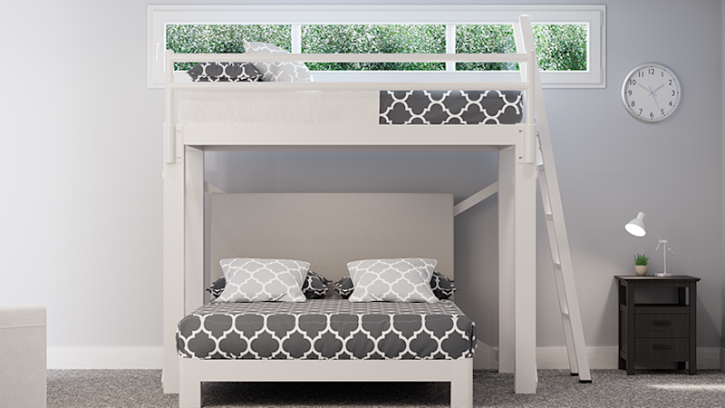 White L-Shaped Bunk Bed for Adults in a basement guest room seen directly from the foot of the bottom bunk.