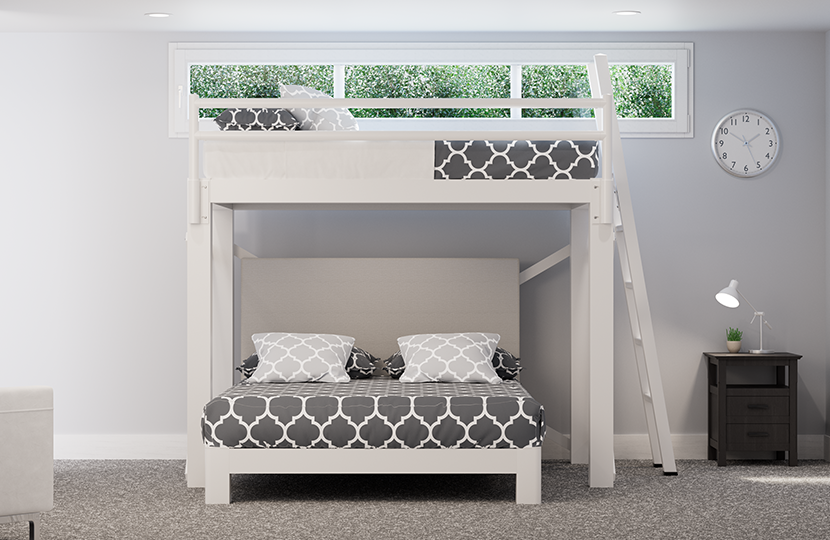 White L-Shaped Bunk Bed for Adults in a basement guest room seen directly from the foot of the bottom bunk.