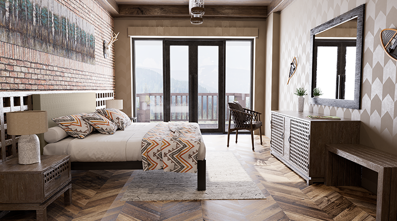 A charcoal Wyoming King Bed in a rustic hotel. Seen from the right side of the bed looking out a window at a forest.