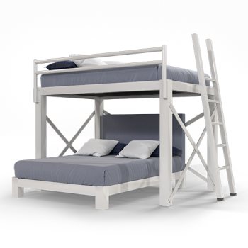 A white Queen Over Queen L-Shaped Bunk Bed for adults