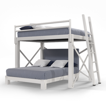A white Queen Over Queen L-Shaped Bunk Bed for adults