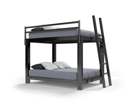 A black Queen Over Queen Adult Bunk Bed on a blank background