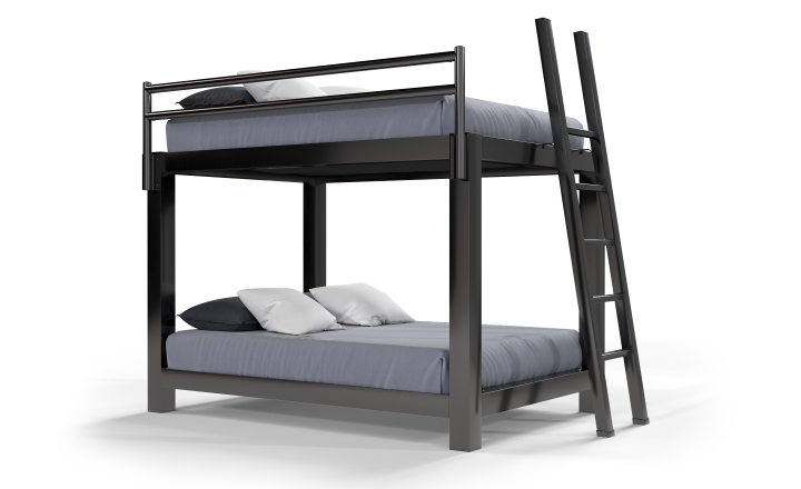 A black Queen Over Queen Adult Bunk Bed on a blank background