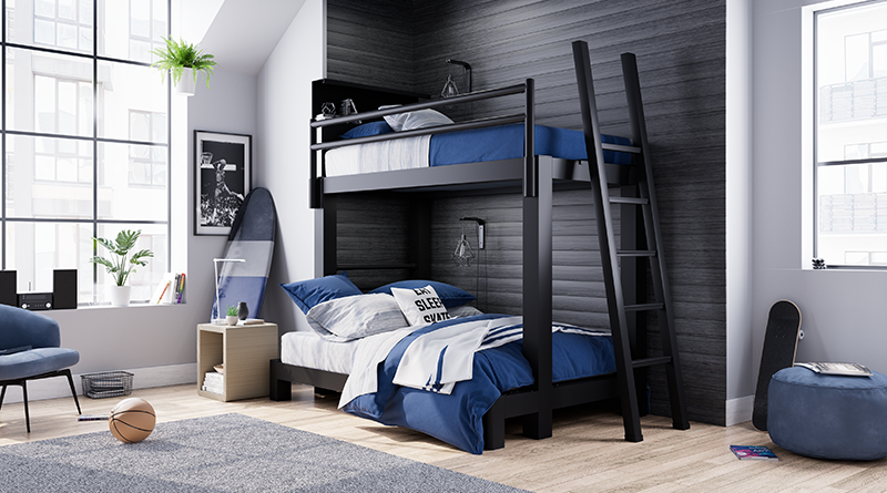 Black mixed size Adult Bunk Bed with a larger bottom bunk in an upscale urban bedroom for two teenage boys. Seen from the lower right-hand corner of the bed at an angle.