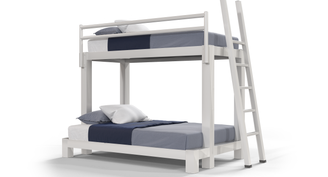A white Twin XL Over Full XL Adult Bunk Bed