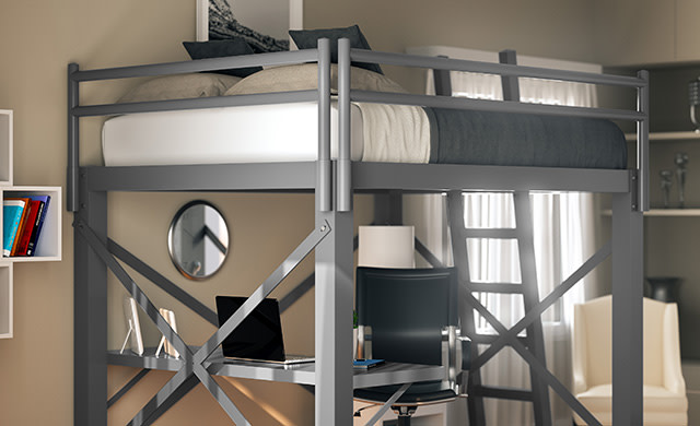 A charcoal Queen Adult Loft Bed with an attached desk and full home office setup beneath the bed frame seen from the head of the bed at the upper left hand corner.